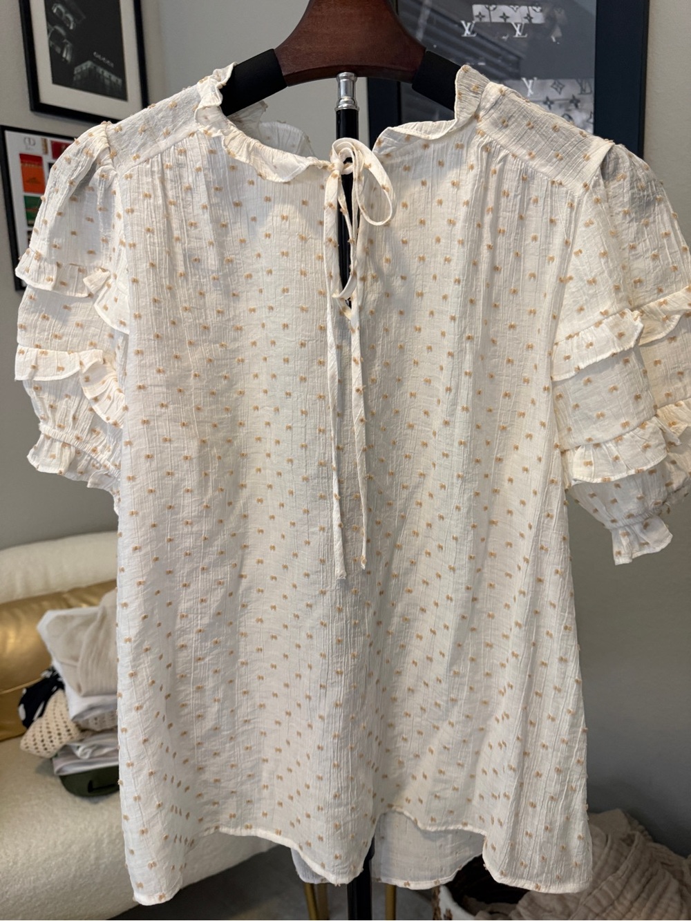 Flower & Feather Women’s Cream Swiss Dot Ruffle Sleeve Blouse